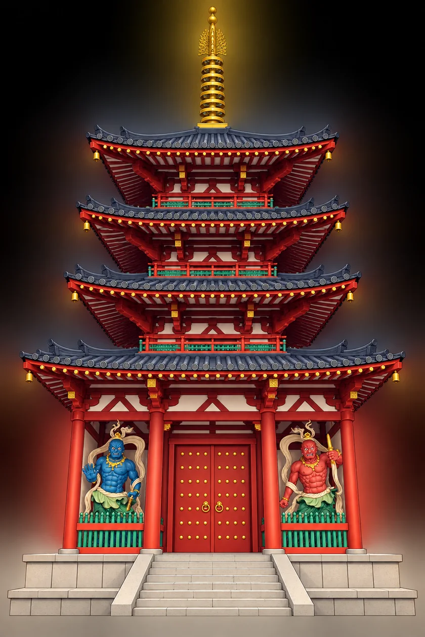 Pagoda roja de cinco tejados con la puerta cerrada, custodiada por los guardianes niō azul y rojo