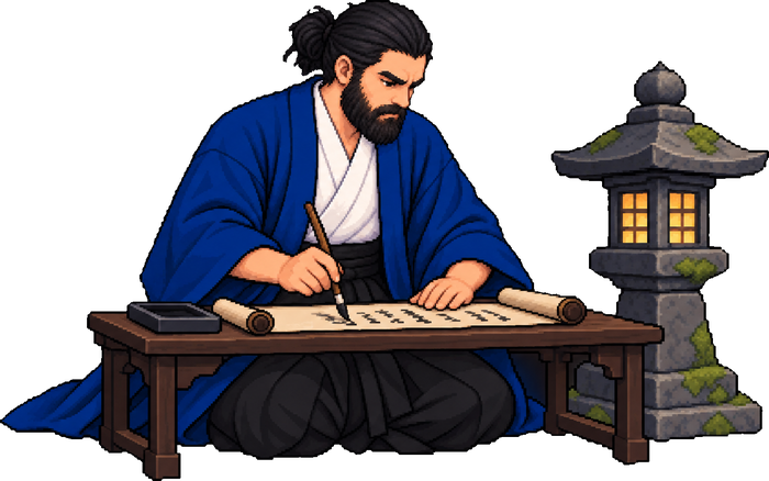 Eric en pixel art, con kimono azul, escribiendo con pincel sobre un pergamino junto a un farol de piedra encendido