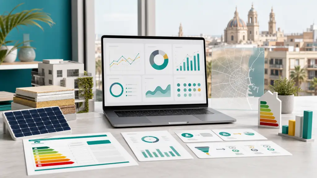 Consultor SEO para empresas de eficiencia energética en Valencia con dashboard de visibilidad, edificio eficiente y captación B2B