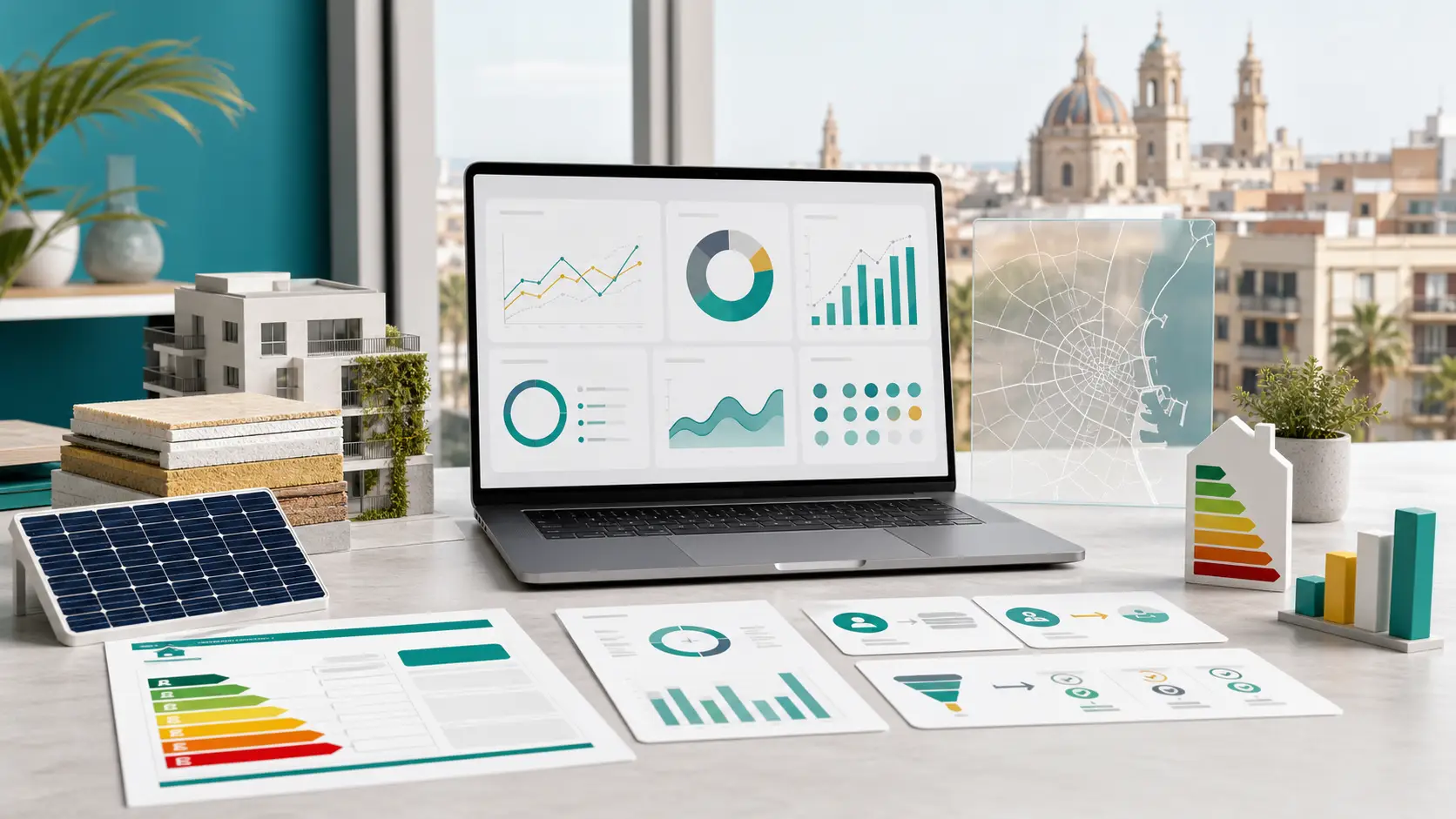 Consultor SEO para empresas de eficiencia energética en Valencia con dashboard de visibilidad, edificio eficiente y captación B2B