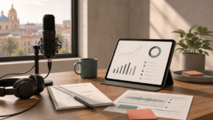 Home Page SEO para podcasts en Valencia con micrófono, notas de episodio y analítica de audiencia orgánica